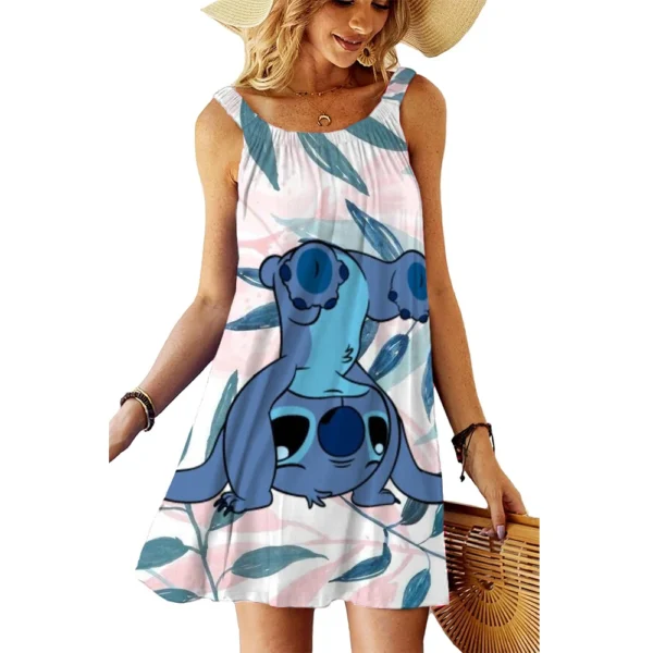 Beach Dress Disney Stitch Women's Slip Dresses Elegant Clothing Casual Robe Graduation Party Skirt Top Sexy Black Sleeveless Tee