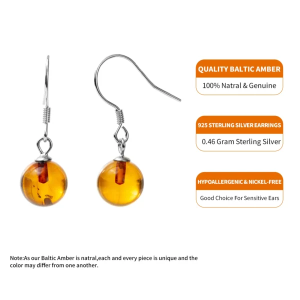 Amber 925 Sterling Silver French Hook Drop Earrings for Women - Fashion Natural Baltic Amber Stone Jewelry Wholesale - Image 3