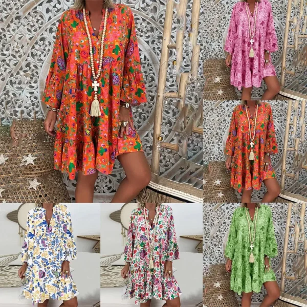 Floral Print Dress Short Dress Vacation White Women Yellow Autumn Casual Daily Green Holiday Loose Orange Pink - Image 6