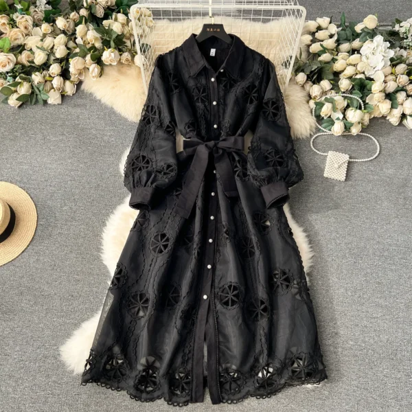 Women Dress Gown Dresses A Line Party Maxi Vestidos Elegant White Turn Down Collar Sexy Slim Y2k Hollow Out Puff Sleeve Elegant - Image 4