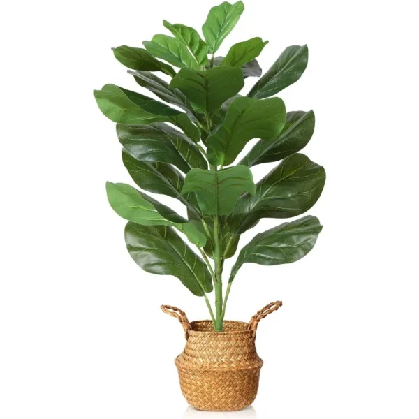 Artificial Fiddle Leaf Fig Tree 30Inch Fake Potted Ficus Lyrata Plant with Handmade Seagrass Basket, Perfect Faux