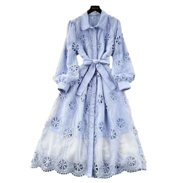Women Dress Gown Dresses A Line Party Maxi Vestidos Elegant White Turn Down Collar Sexy Slim Y2k Hollow Out Puff Sleeve Elegant - Image 6