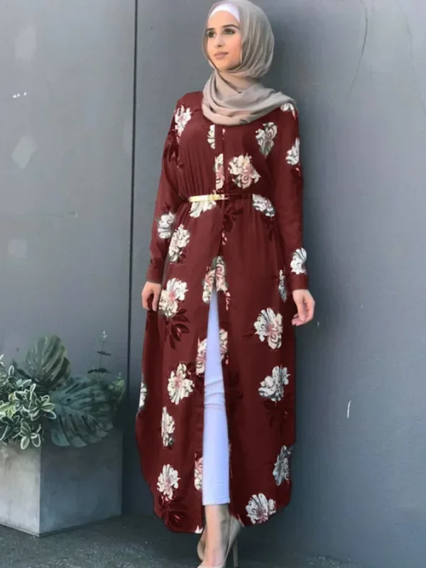 Dubai Eid Muslim Abaya Dress Women New Robes Print Floral Slim Long Sleeve Islamic Eid Casual Long Dress Long Dresses Ramadan - Image 5