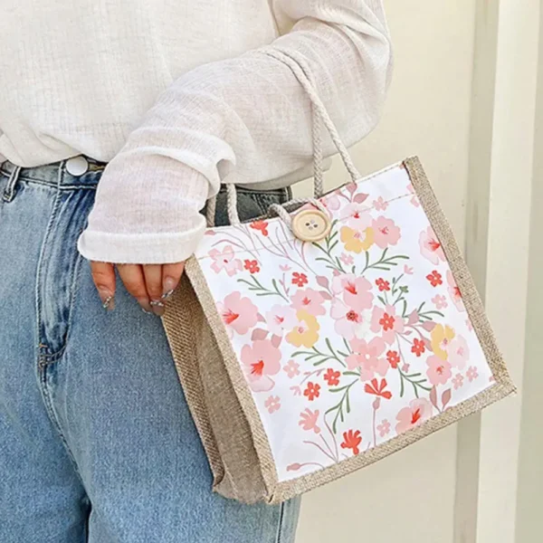 Ins Lunch Bags For Women Floral Print Tote Bag Food Storage Linen Bag Functional Portable Travel Picnic Outdoor Eco Shopping Bag - Image 2