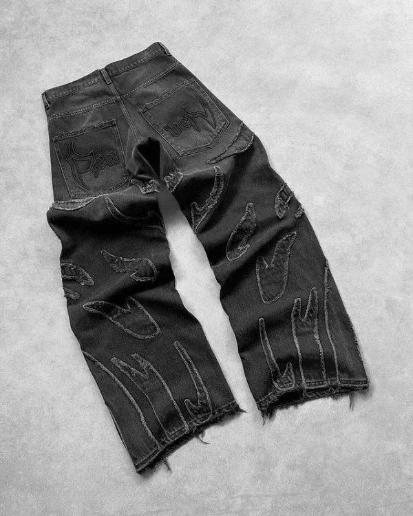New Y2K Harajuku Retro Graphic Patch Jeans Hip Hop Gothic Raw Edge Embroidery Black Baggy Jeans Wide Leg Denim Pants Mens Womens - Image 4