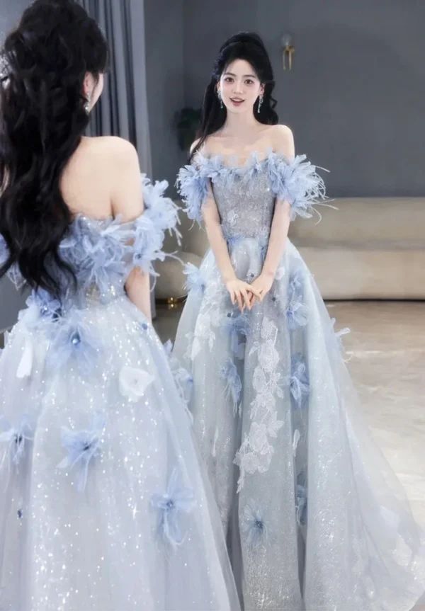 Elegant And Luxurious Blue Evening Dress For Women 2025 New Style Wedding Dress - Image 2