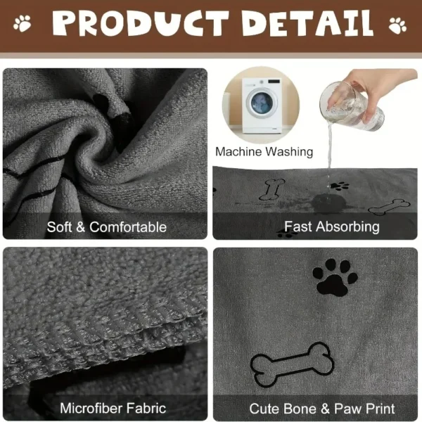 Ultra-Absorbent Pet Drying Towel with Paw Prints | Soft Plush Microfiber for Dogs & Cats Puppy Quick-drying Dog Claw Bath Towel - Image 4