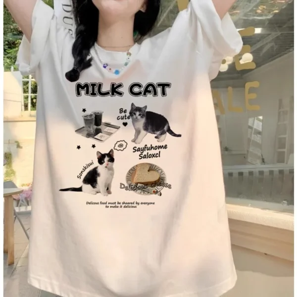 New American Trendy Cat Print Summer Casual T-shirt for Men and Women Loose Version Trendy Round Neck Short Sleeve