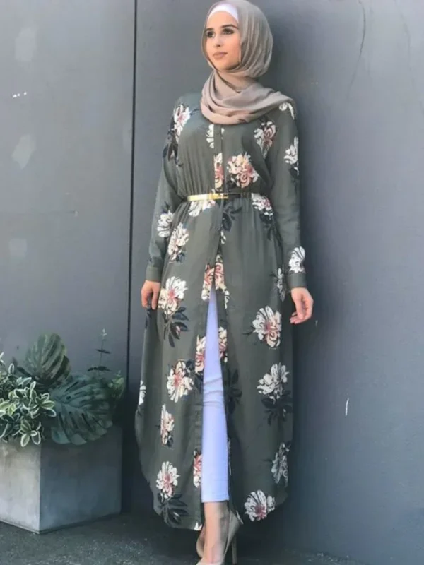 Dubai Eid Muslim Abaya Dress Women New Robes Print Floral Slim Long Sleeve Islamic Eid Casual Long Dress Long Dresses Ramadan - Image 4