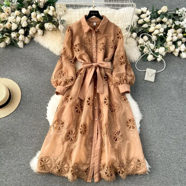 Women Dress Gown Dresses A Line Party Maxi Vestidos Elegant White Turn Down Collar Sexy Slim Y2k Hollow Out Puff Sleeve Elegant - Image 3