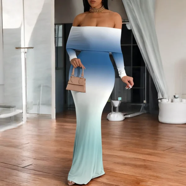 Blue White Ombre Off Shoulder Long Sleeve Maxi Dress Elegant Summer Gradient Bodycon Gown