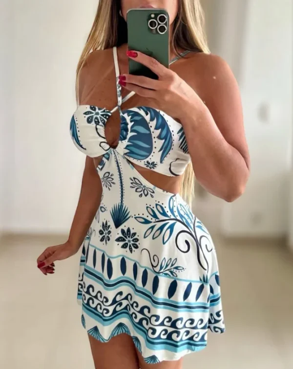 Women's Dress 2025 Spring Summer Floral Print Halter Sleeveless A Line Mini Dress Sexy Waist Hollow Out Vacation Short Skirt