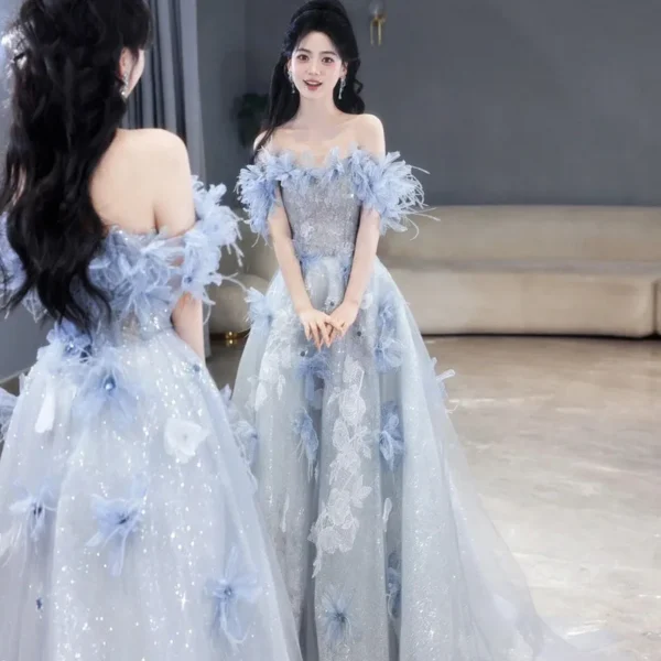 Elegant And Luxurious Blue Evening Dress For Women 2025 New Style Wedding Dress
