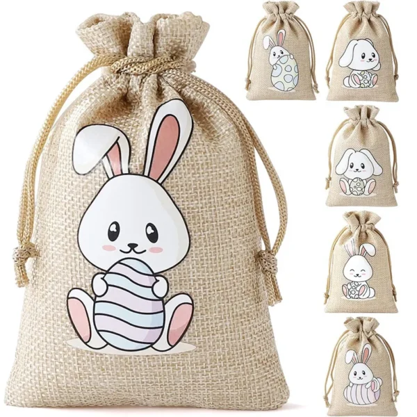 Easter Bunny Egg Candy Pouch Linen Drawstring Bag Candy Goodie Egg Bag Gift Packaging Bag for HAPPY EASTER Party Decoration