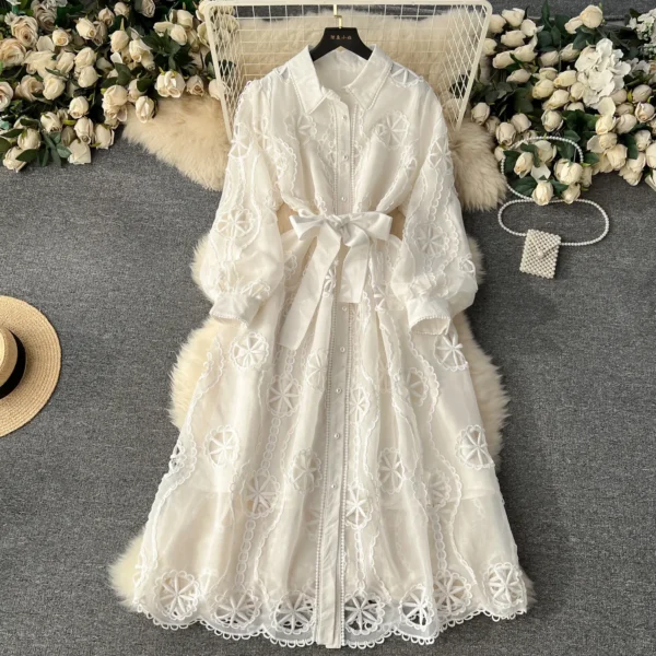 Women Dress Gown Dresses A Line Party Maxi Vestidos Elegant White Turn Down Collar Sexy Slim Y2k Hollow Out Puff Sleeve Elegant - Image 2