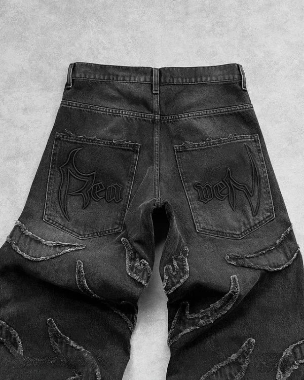 New Y2K Harajuku Retro Graphic Patch Jeans Hip Hop Gothic Raw Edge Embroidery Black Baggy Jeans Wide Leg Denim Pants Mens Womens - Image 2
