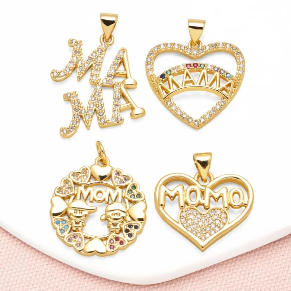 OCESRIO Multicolor Crystal Heart Mama Pendant for Necklace Copper Gold Plated Mother‘s Day Gift Jewelry Making Supplies pdtb235