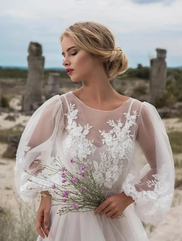 Women Dress Wedding White Lace Sexy Puff Full Sleeve High Waist Embroidery Floral Floor Length Dresses Elegant Gown Vestidos - Image 2