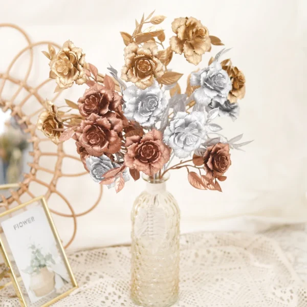 55CM Artificial Golden Ginkgo Leaf Flowers Rose Christmas Home Gold Eucalyptus Decoration Fake Plants Arrangement Decoration - Image 2