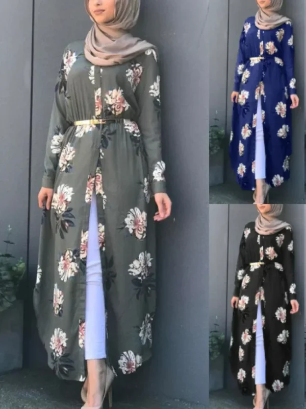 Dubai Eid Muslim Abaya Dress Women New Robes Print Floral Slim Long Sleeve Islamic Eid Casual Long Dress Long Dresses Ramadan