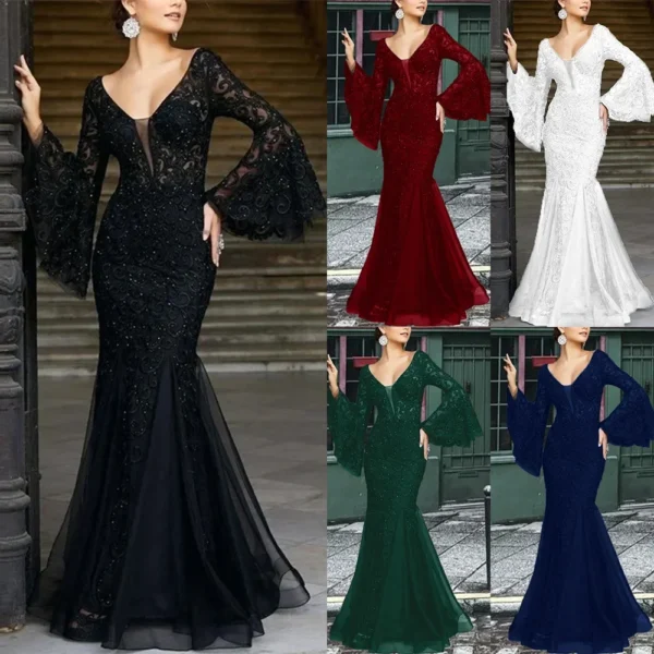 Women Long Dress White Dresses Sexy Flare Sleeve Lace Embroidery Elegant Maxi High Waist Night Vestidos Gown Party Evening - Image 2