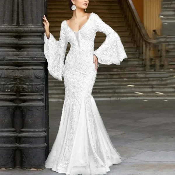 Women Long Dress White Dresses Sexy Flare Sleeve Lace Embroidery Elegant Maxi High Waist Night Vestidos Gown Party Evening
