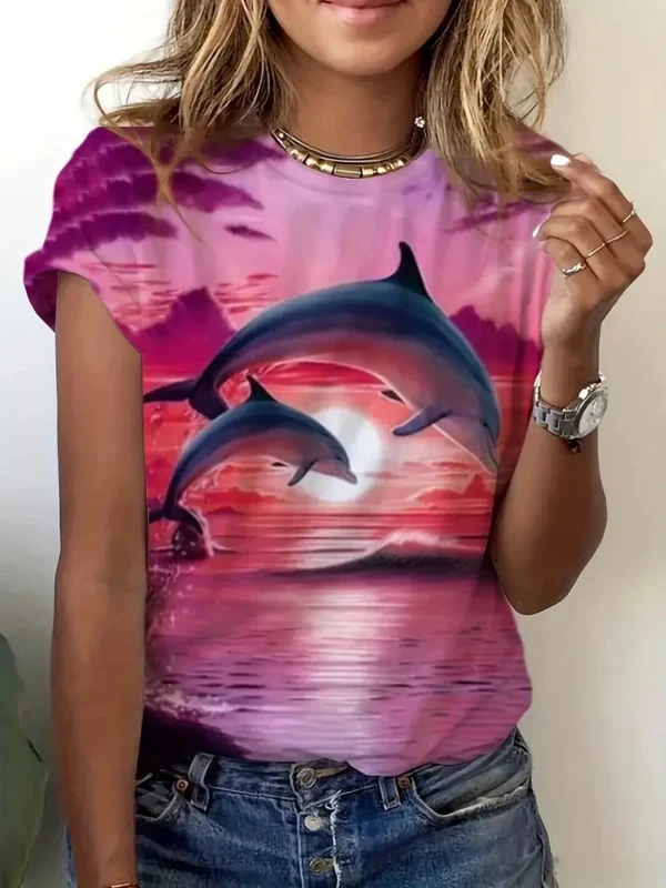 New Trendy 3D Printing Dolphin Graphic T-shirt Men Women Loose Casual Round Neck Short-sleeved T-shirt Summer Oversize Y2k Tees - Image 2