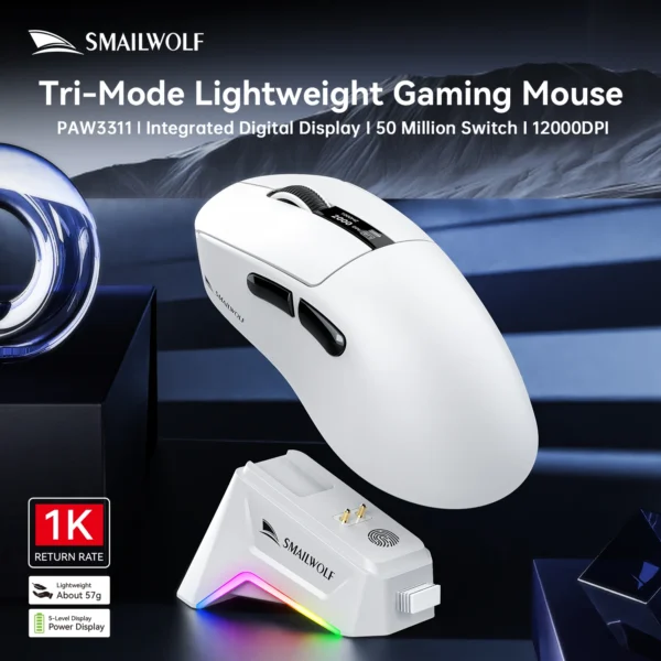 Smailwolf M6 Wireless Gaming Mouse-Connectivity Magnetic Charging Base,PAW3311 Sensor,Ultra-Lightweight Ergonomic Design - Image 2