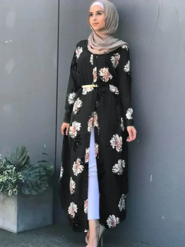 Dubai Eid Muslim Abaya Dress Women New Robes Print Floral Slim Long Sleeve Islamic Eid Casual Long Dress Long Dresses Ramadan - Image 3