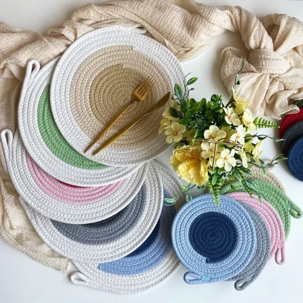 Colored Placemat Pastoral Style Thickened Insulation Cotton Linen Woven Table Mat Heat Resistant Anti Scalding Sand Pot Cup Mat - Image 2