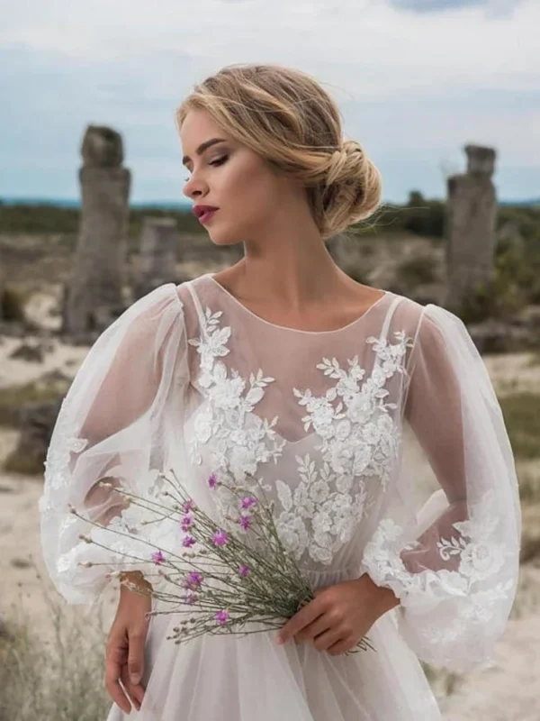 Women Dress Wedding White Lace Sexy Puff Full Sleeve High Waist Embroidery Floral Floor Length Dresses Elegant Gown Vestidos - Image 4