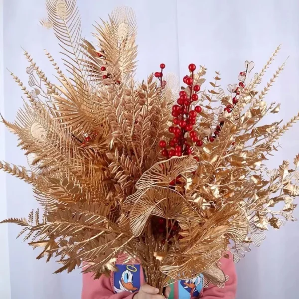 Hot Gold Artificial Eucalyptus Ginkgo Holly Leaf Plants Artificial Flower Wedding Decoration for Home Decor DIY Christmas Decor - Image 2