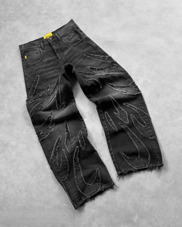 New Y2K Harajuku Retro Graphic Patch Jeans Hip Hop Gothic Raw Edge Embroidery Black Baggy Jeans Wide Leg Denim Pants Mens Womens - Image 3
