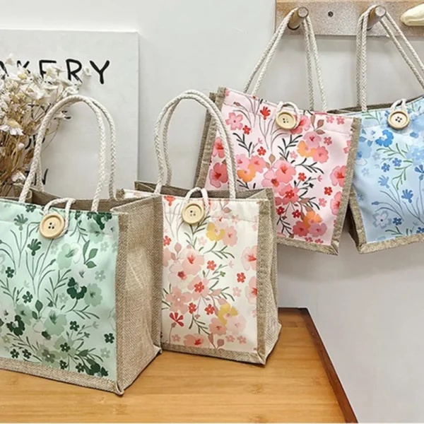 Ins Lunch Bags For Women Floral Print Tote Bag Food Storage Linen Bag Functional Portable Travel Picnic Outdoor Eco Shopping Bag