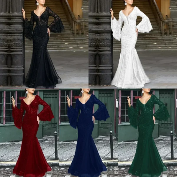 Women Long Dress White Dresses Sexy Flare Sleeve Lace Embroidery Elegant Maxi High Waist Night Vestidos Gown Party Evening - Image 3