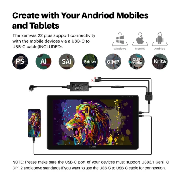 21.5 Inch Huion Graphics Tablet Monitor Kamvas 22 Plus 140%sRGB Drawing Tablet Support Linux MacOS Laotop Android USB3.1 DP1.2 - Image 3