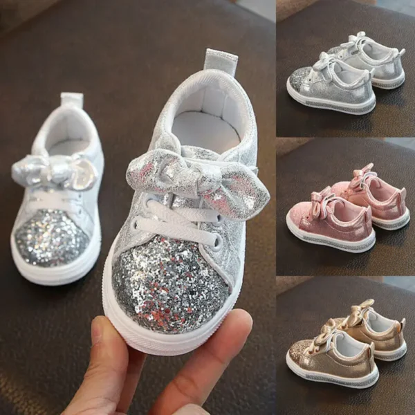 Lioraitiin Girls Child Soft Sole Sports Shoe, Kids Sequins Casual Sneakers, Cute Bowknot Shinny Shoes - Image 5