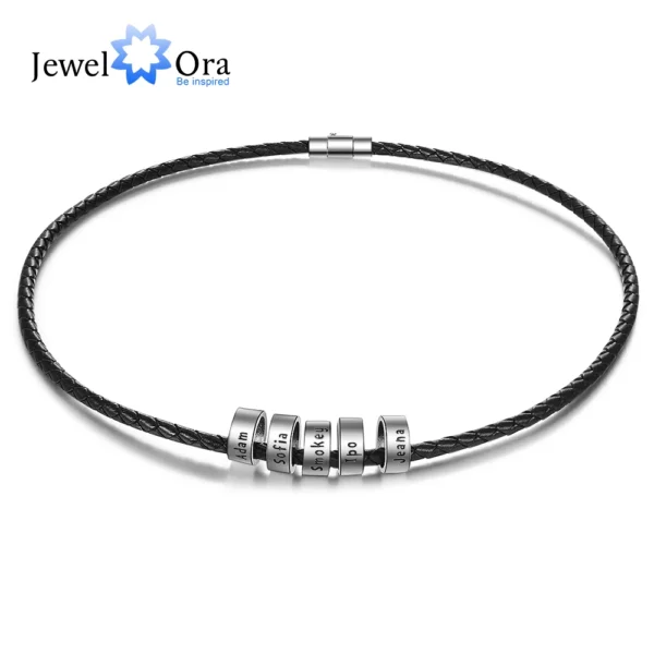 JewelOra Personalized Men Leather Necklaces with Beads Custom 2-5 Names Rope Chain Necklaces for Men Jewelry Gift for Boyfriend