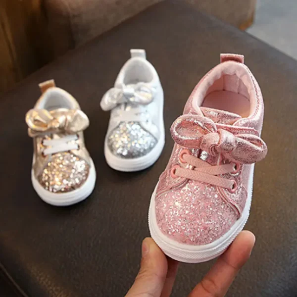 Lioraitiin Girls Child Soft Sole Sports Shoe, Kids Sequins Casual Sneakers, Cute Bowknot Shinny Shoes - Image 4