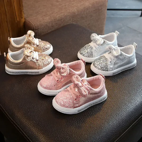 Lioraitiin Girls Child Soft Sole Sports Shoe, Kids Sequins Casual Sneakers, Cute Bowknot Shinny Shoes - Image 3