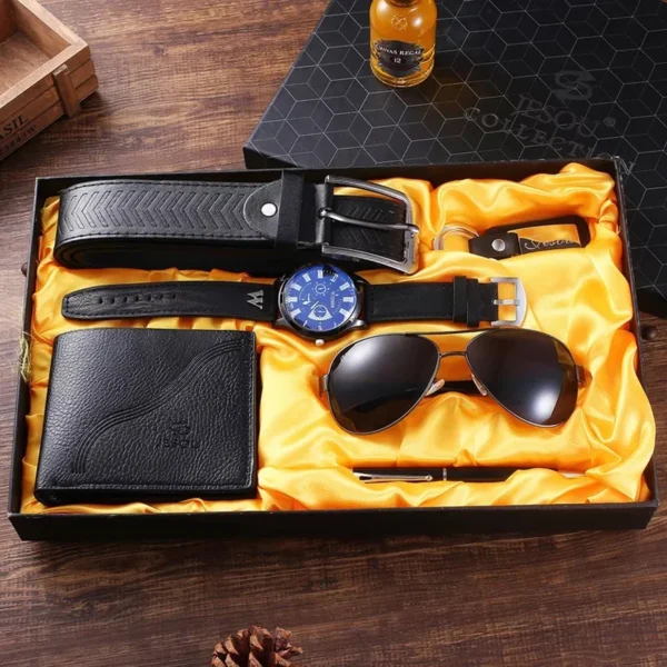 Luxury Watch Men Gifts Set Large Dial Quartz WristWatch Belt Folding Wallet Fashion Sunglasses Keychain Pen For Men Father’s Day