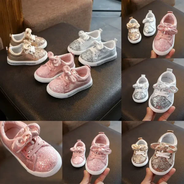 Lioraitiin Girls Child Soft Sole Sports Shoe, Kids Sequins Casual Sneakers, Cute Bowknot Shinny Shoes - Image 2