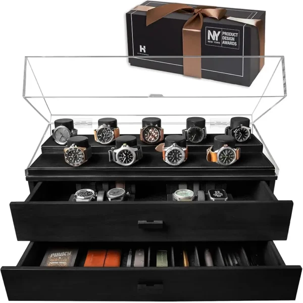 Premium 17-Slot Wooden Watch Display Case – Extra Large Handcrafted Men’S Watch Box With Two Drawers – Father’S Day Gift For