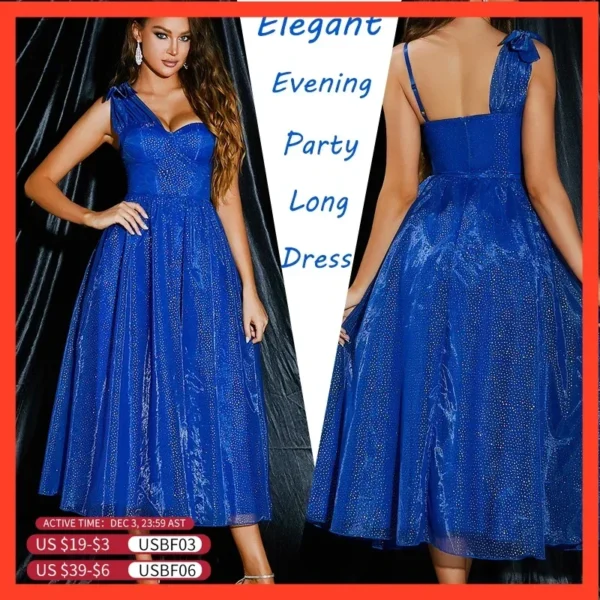 Luxury Royal Blue Sequin V-Neck Evening Dress Elegant Women Sleeveless Wedding Party Prom Cocktail Dress Vestidos De Fiesta