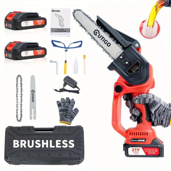 OUTIGO 8 inch brushless chainsaw with two 21v battery, portable pruning chainsaw for garden and orchard cutting