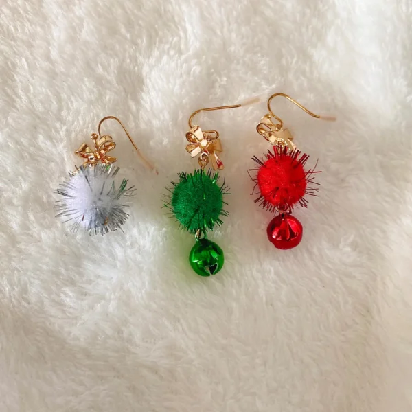 Lxalry Festive Trio-Color Pom-Pom & Bells Dangle Earrings, Velvet-Touch Lightweight Jewelry for Christmas Parties & Holiday Glam - Image 6