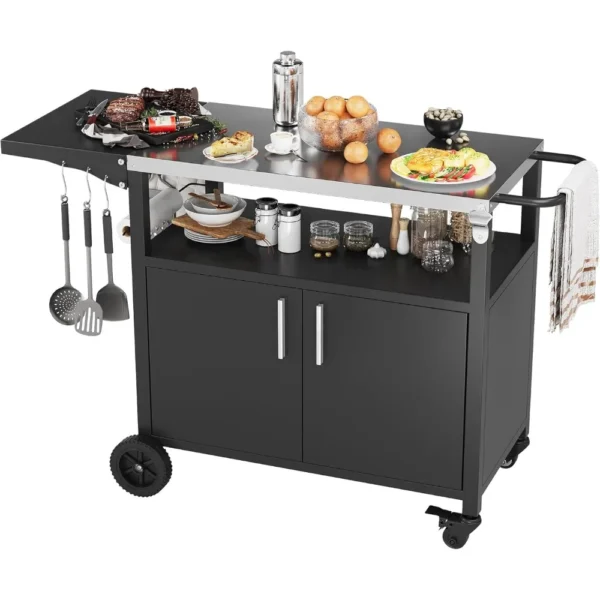 Outdoor Grill Cart with Storage,Patio Kitchen Island Outdoor Grill Table with Wheels,BBQ Cart Movable Pizza Oven Table Stand