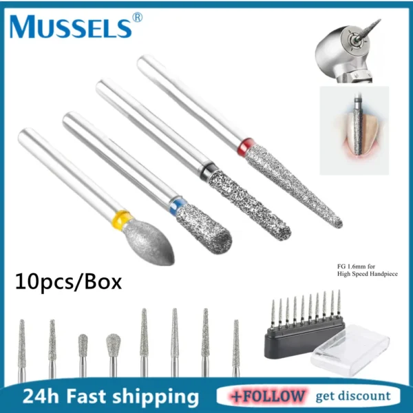 10pcs Dental Diamond Burs Drill for High Speed Handpiece FG 1.6mm Emery Powder Polishing Bur Bit Dentistry Tool Crown Preparatio