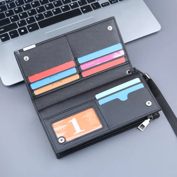 100% Genuine Leather Men Wallets Id Long Wallet Solid Color Bag Zipper Purse Multiple Card Slots Clutch Bag Wallets For Man - Image 3
