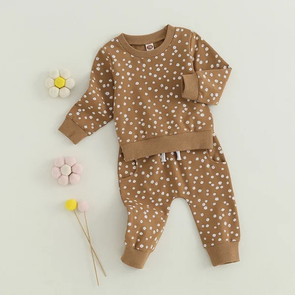 2023-06-30 Lioraitiin 0-3Years Baby Girls Fall Outfit Flower Print Long Sleeve Crew Neck Sweatshirt Sweatpants Fall Clothes - Image 2